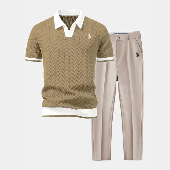 V-Neck Cotton-Blend Shirt and Tapered Pants Set