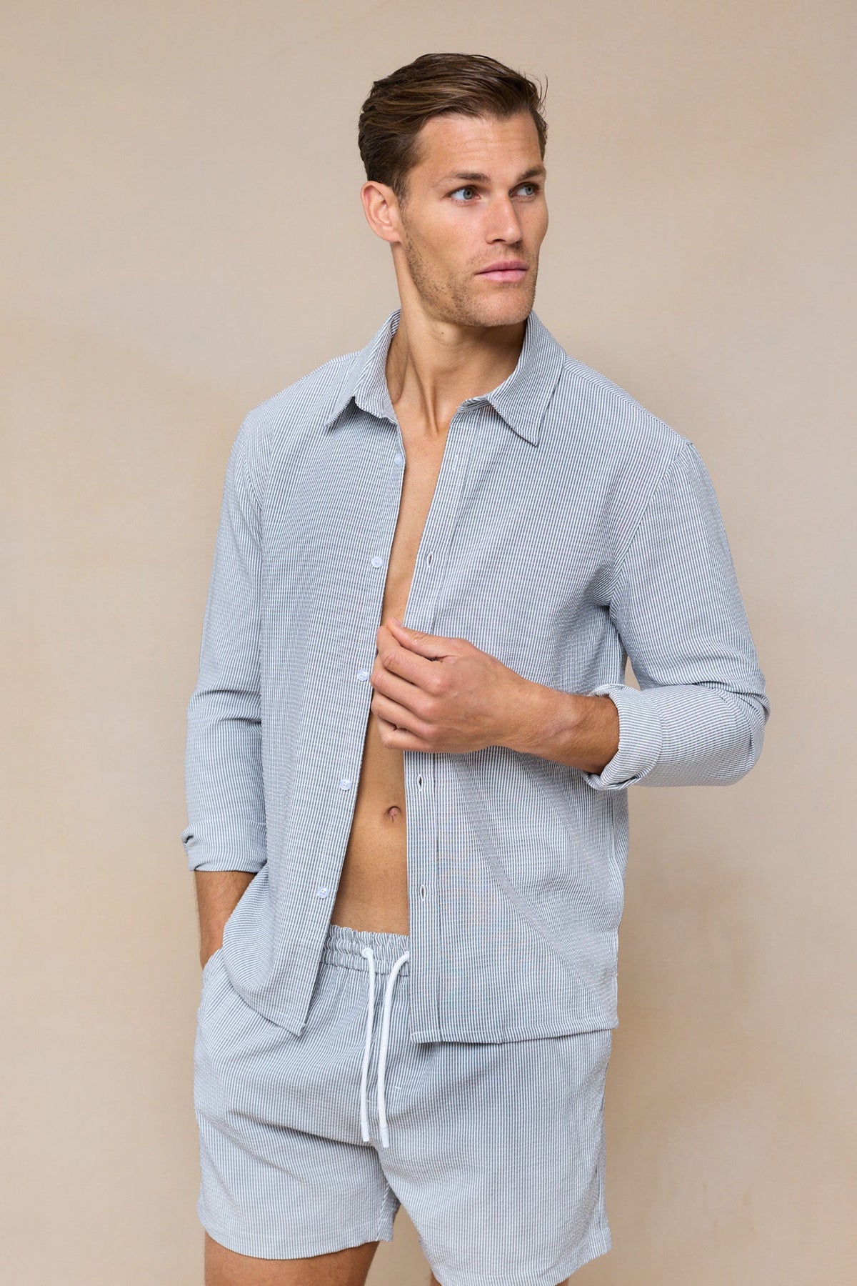 Vittorio Seersucker Long Sleeve Shirt - Black/White