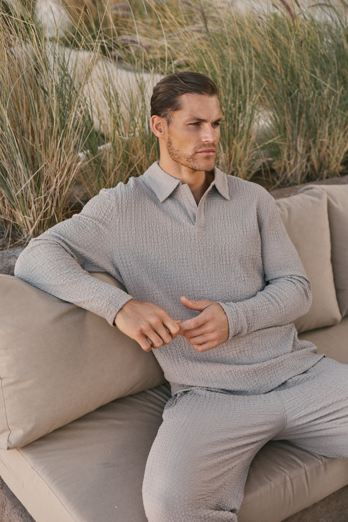 Artie Ruched Textured Long Sleeve Polo Shirt - Mushroom