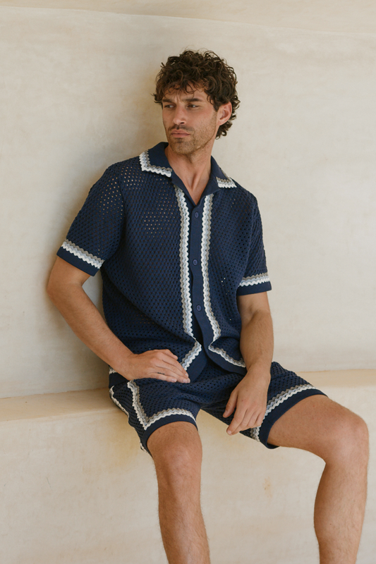 Marconi Crochet Knit Shirt - Navy