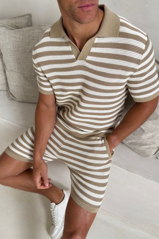 Lattolo Striped Knit Polo Shirt - Ecru/Beige