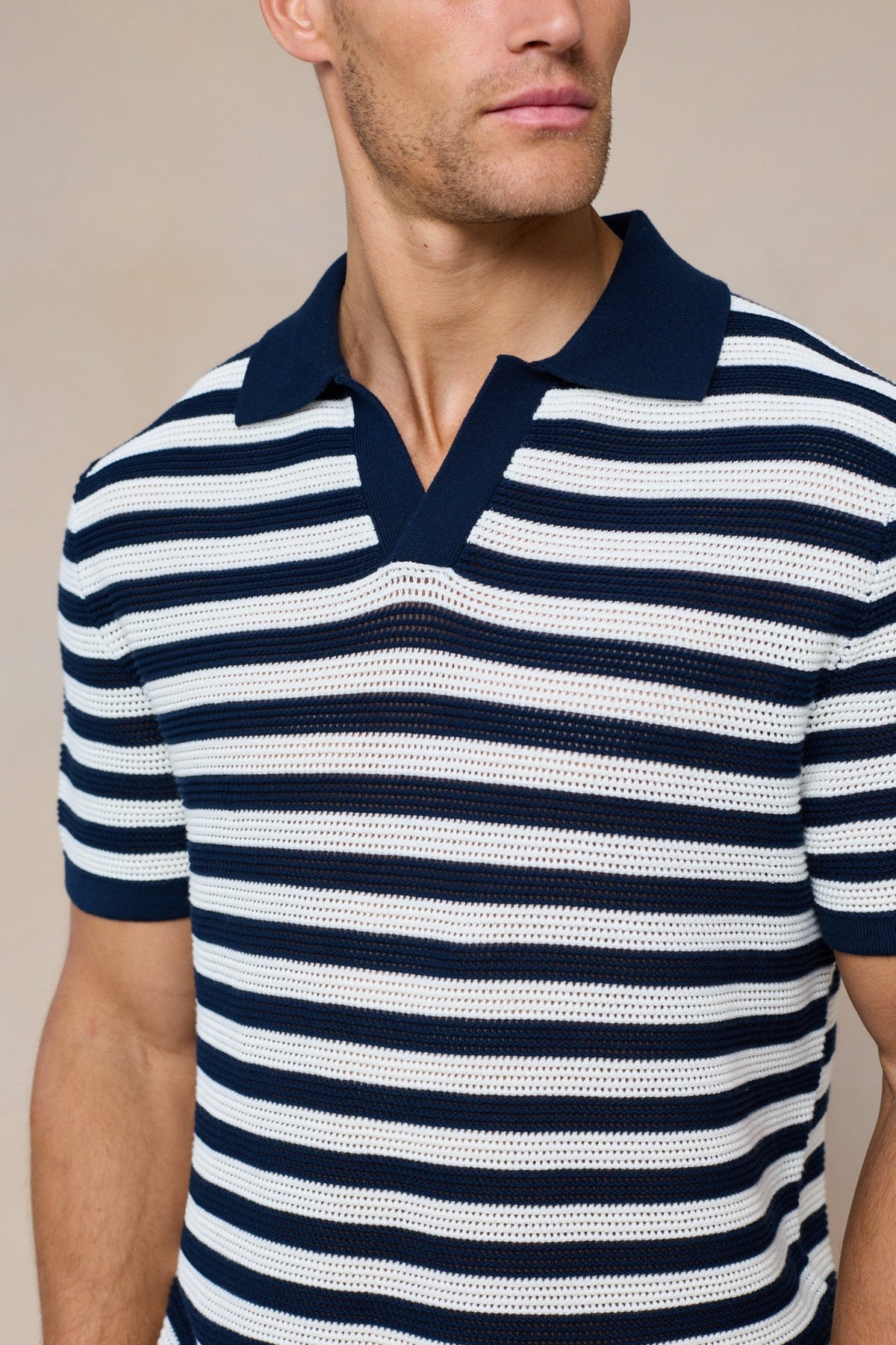 Lattolo Striped Knit Polo Shirt - Navy/Ecru