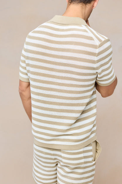 Lattolo Striped Knit Polo Shirt - Ecru/Beige