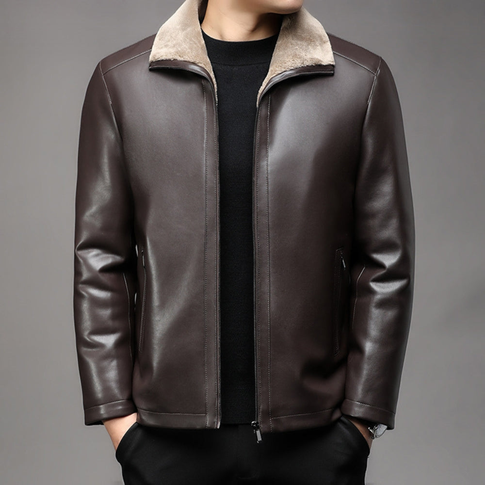 Old Money Thickened Fur Collar Leather Jacket