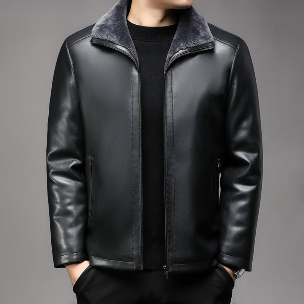 Old Money Thickened Fur Collar Leather Jacket